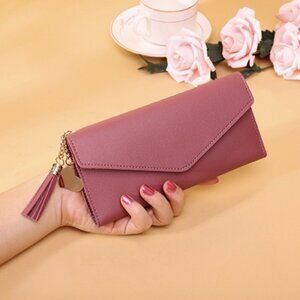 $10 ADD ON- Pink Envelope Bi-Fold Wallet with Heart Charm Tassel Faux Leather